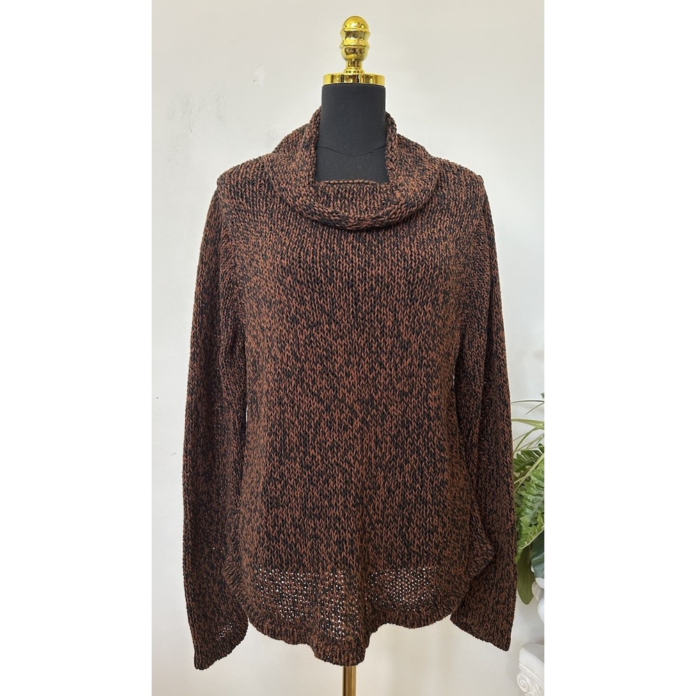 EILEEN FISHER Marled Knit Funnel CowlNeck Sweater Organic Cotton Linen Nutmeg XL